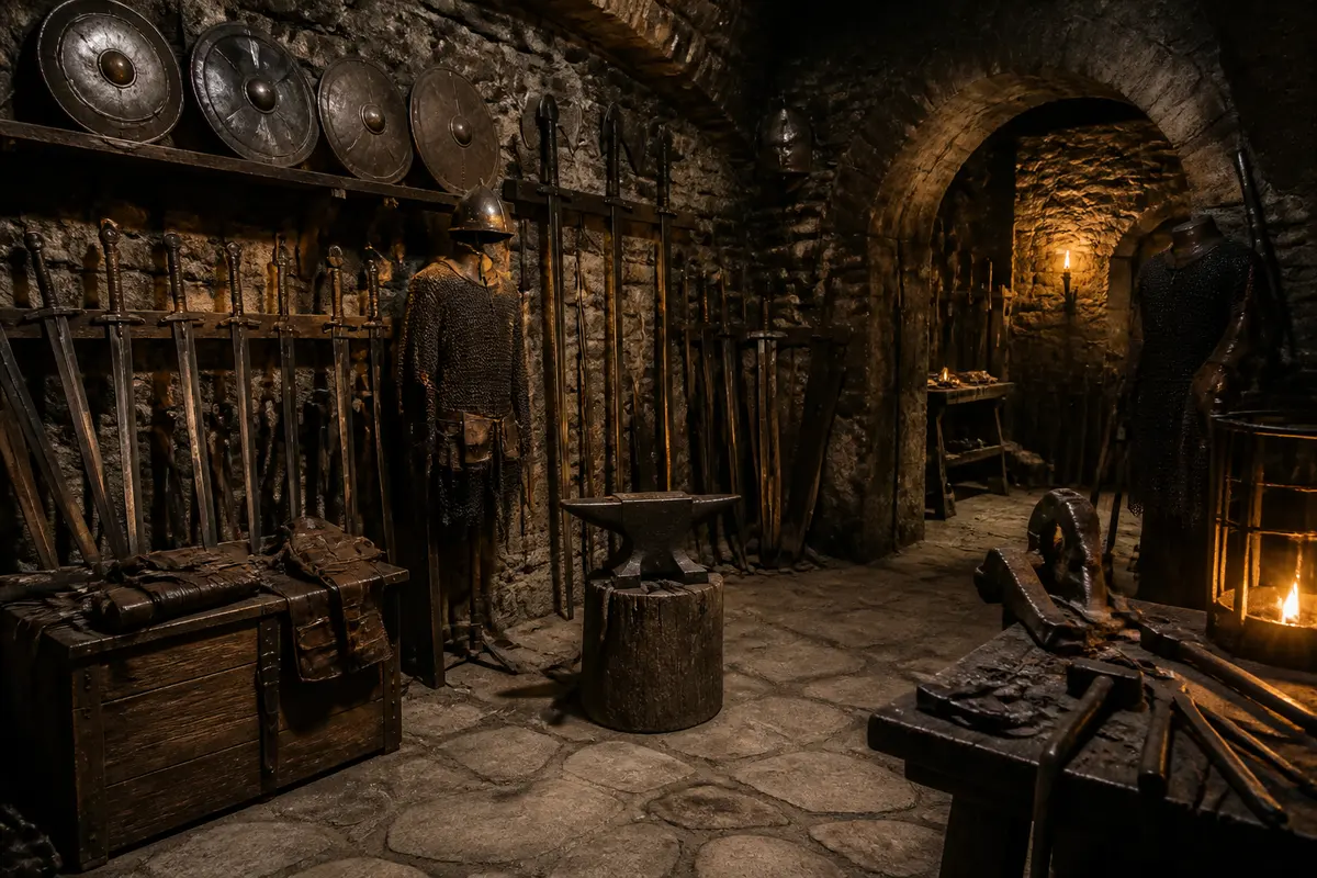 Ancient armory chamber with weathered swords, shields, chainmail and blacksmith tools